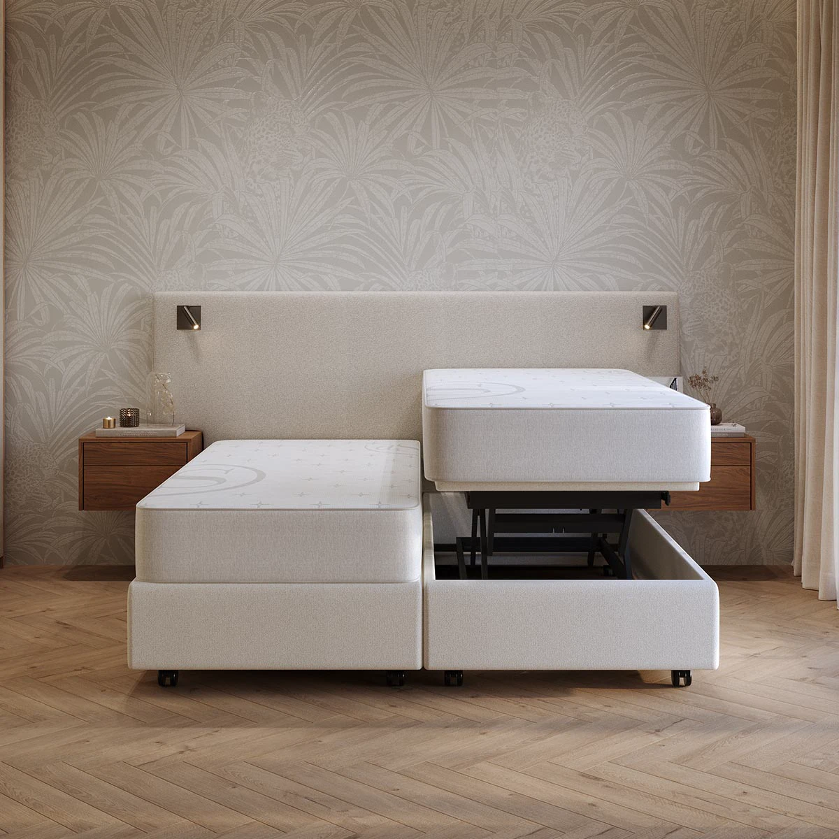 Hoog-laag bed met de uitstraling van een hoog-laag boxspring, geschikt als seniorenbed.