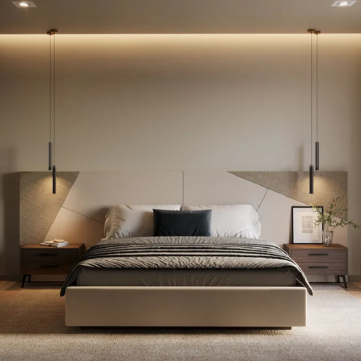 Design bed met breed hoofdpaneel, verdeeld in drie diagonale vlakken, modern en hotel chique