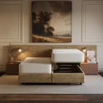 Hoog-laag bed Ferrara met uitstraling van een hoog-laag boxspring, deelbaar en geschikt als seniorenbed.