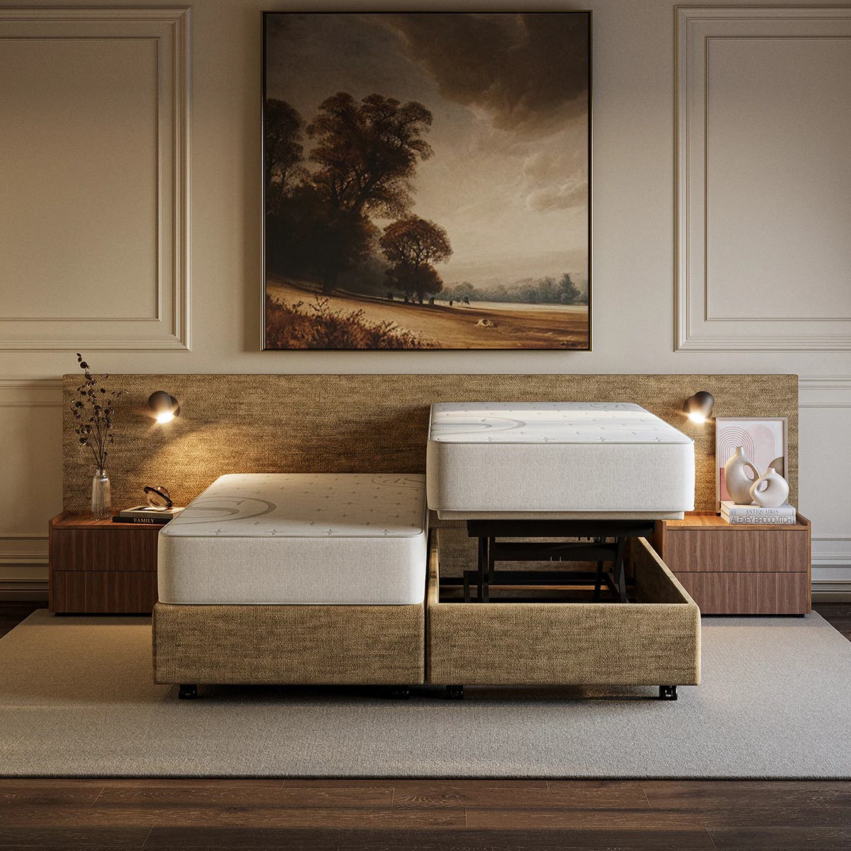 Hoog-laag bed Ferrara met uitstraling van een hoog-laag boxspring, deelbaar en geschikt als seniorenbed.