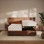 Luxe hoog laag bed volledig van hout met hoofdpaneel en zwevende nachtkastjes