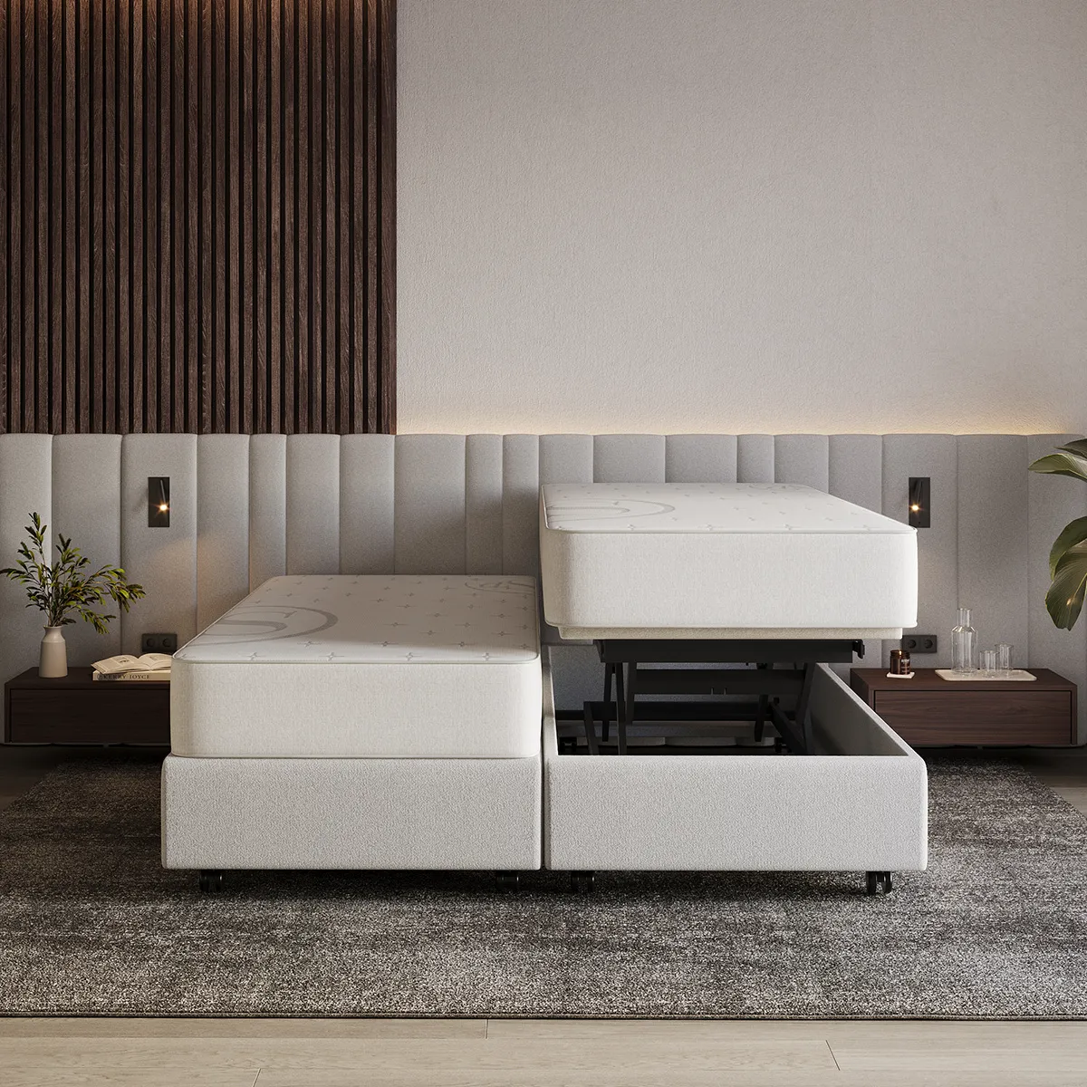 Modern hoog-laag bed met uitstraling van een hoog-laag boxspring.