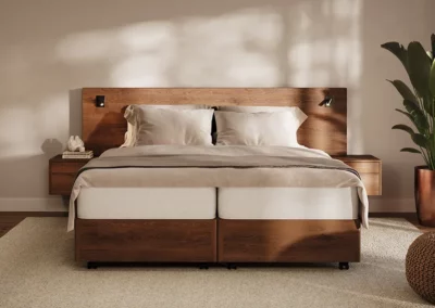 Houten bed met strak hoofdpaneel, model Manifesto, uitgevoerd in notenhout met zwevende nachtkastjes.