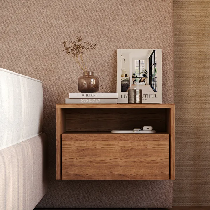 Zwevend nachtkastje aan hoofdpaneel, met één lade en één open vak, vrij van de vloer