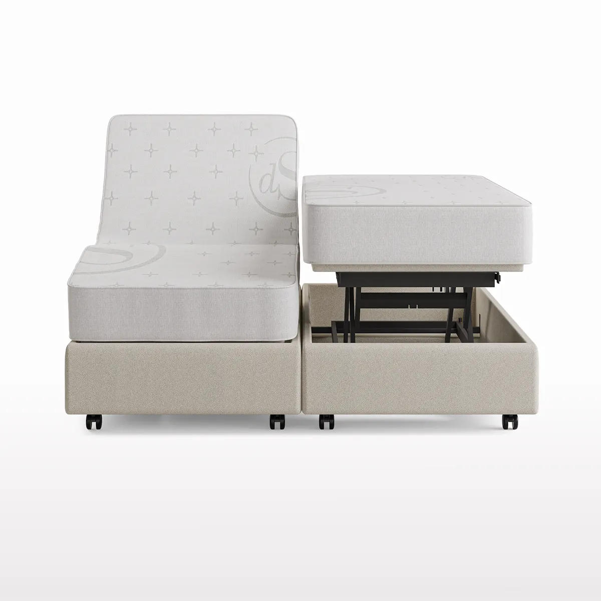 Tweepersoons hoog-laag bed Hybride met hoog-laag functie aan één zijde en hoofd- en voetverstelling aan de andere zijde.