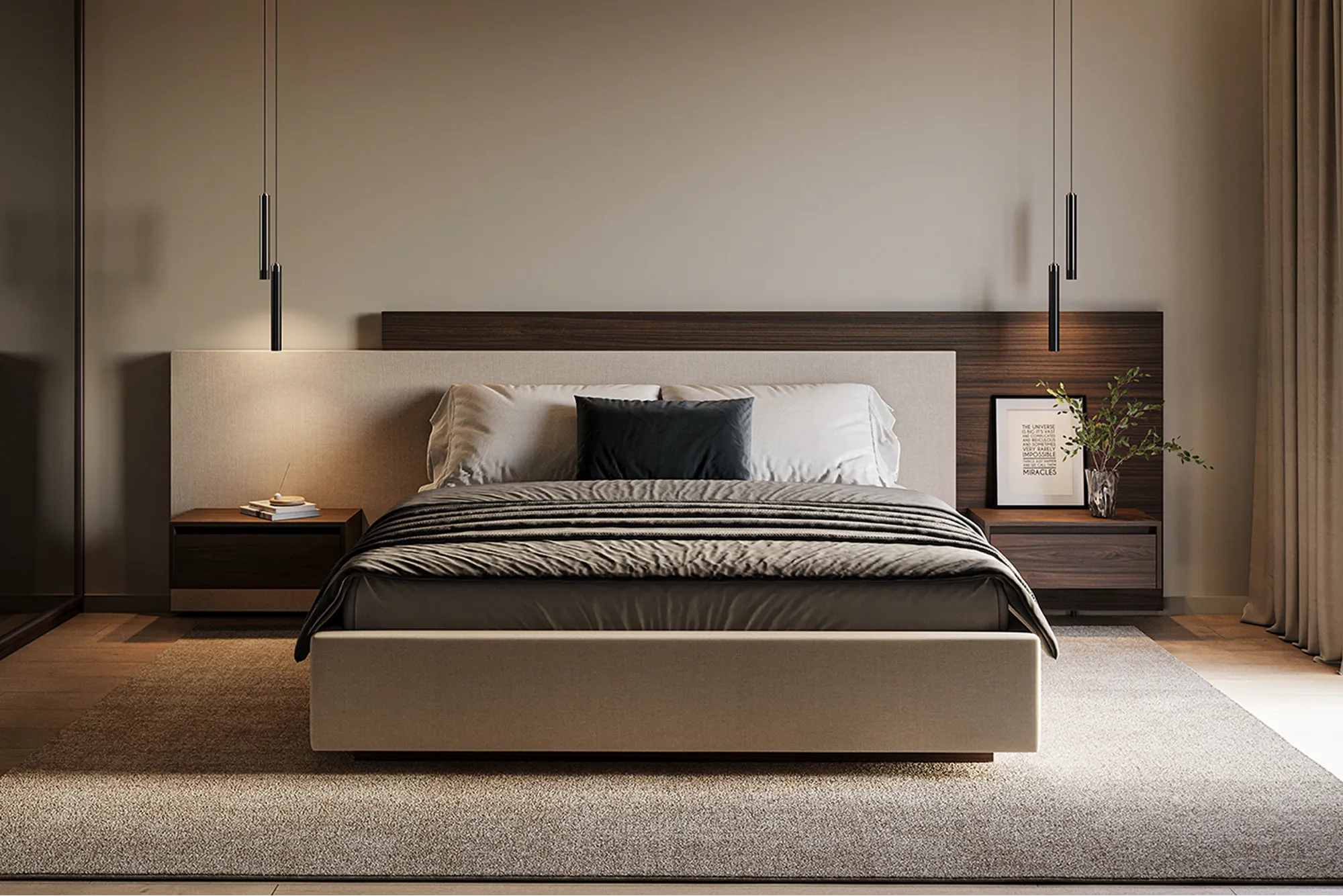 Design bed Duo Pezze, modern en zwevend, met uniek hoofdpaneel en zwevende nachtkastjes.