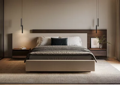 Design bed Duo Pezze, modern en zwevend, met uniek hoofdpaneel en zwevende nachtkastjes.