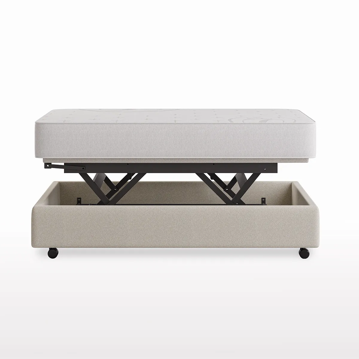 Eenpersoons hoog-laag bed in zijaanzicht, getoond in de hoge stand.