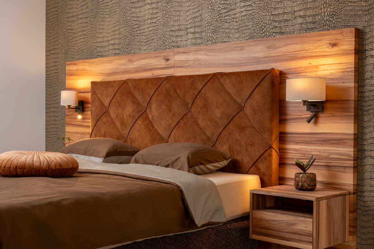 velours boxspring gecombineerd met hout