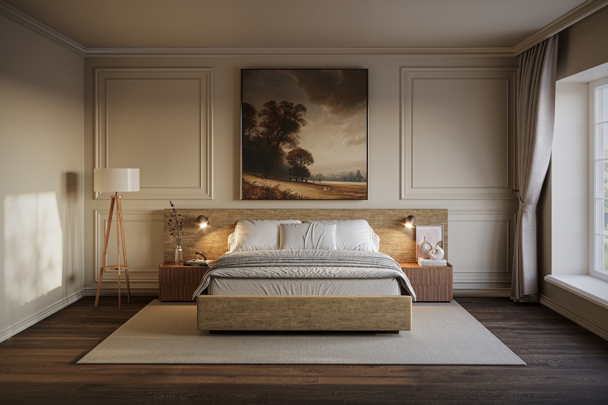 Design bed Ferrara met breed hoofdpaneel in moderne slaapkamer