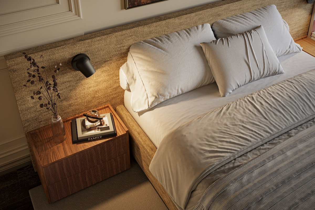 Zwevend ogend design bed Ferrara met smalle plintconstructie