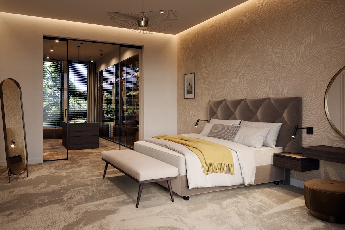 Complete slaapkamer met inloopkast en glazen deuren