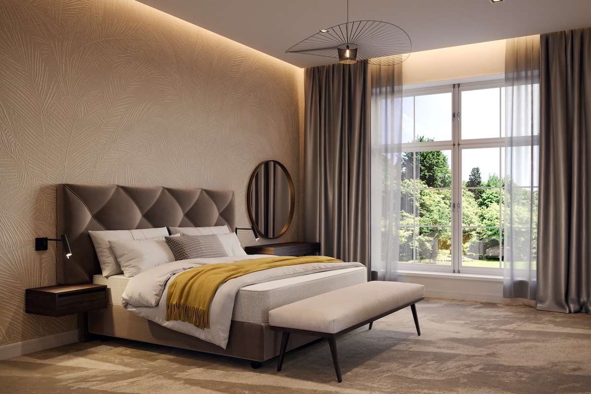 Overzicht van luxe slaapkamer in grachtenpand met eucalyptus hout