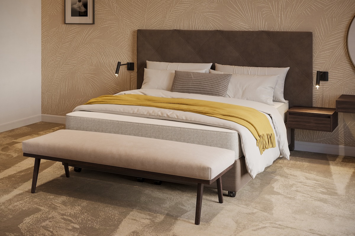 Bed Finotôre met gecapitonneerd hoofdpaneel en zwevende nachtkastjes