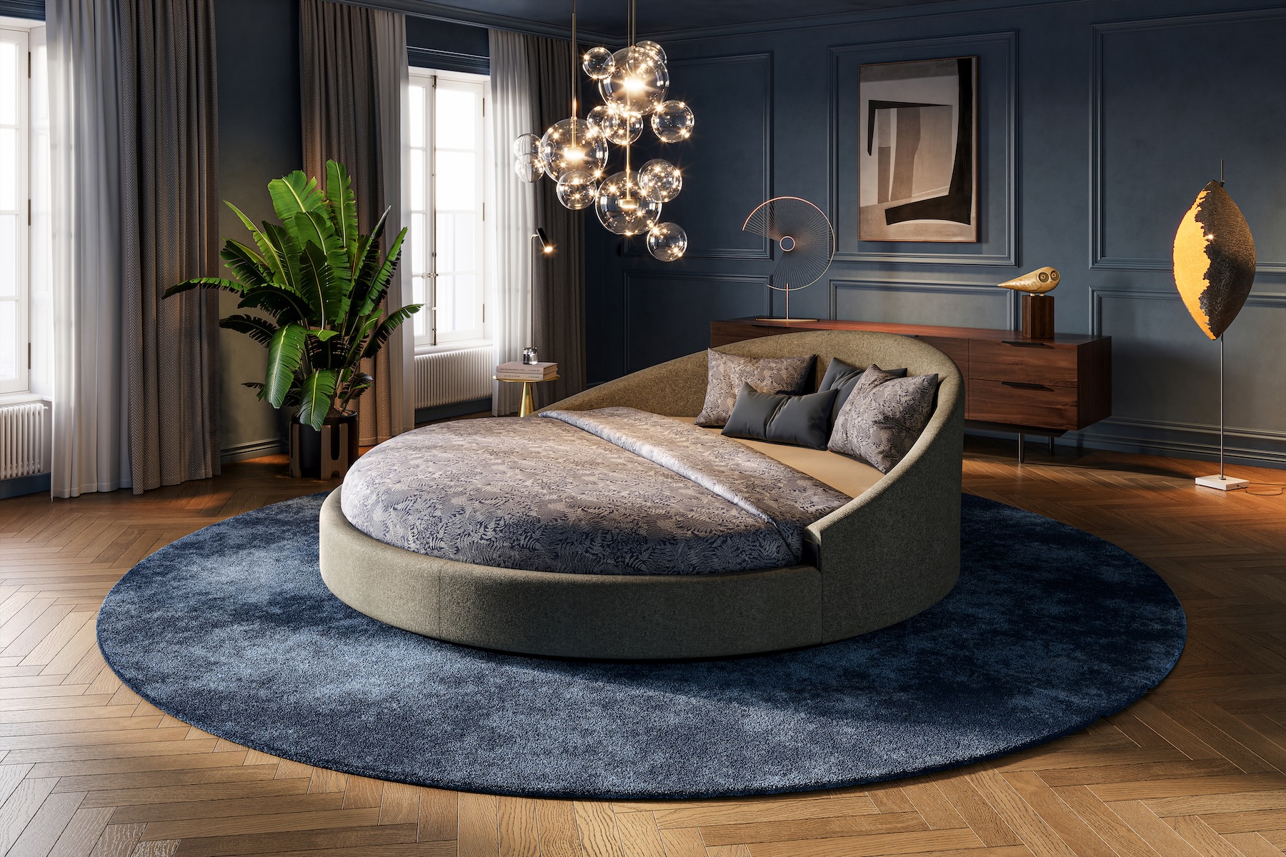 Slaapkamer met rond bed